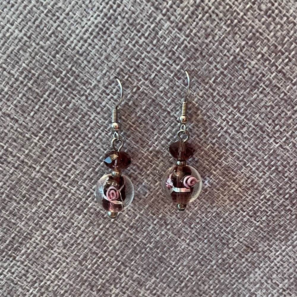 Artisan Glass Bead Dangle Earrings – Purple & Pink Swirl Accent